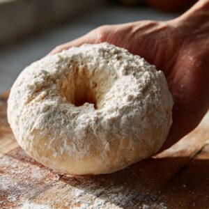 A hand gently holding a flour-dusted raw bagel, placed on a floured wooden surface. The dough has a rough, handmade texture with visible folds and a light coating of flour catching the sunlight.