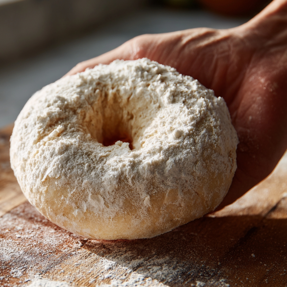 A hand gently holding a flour-dusted raw bagel, placed on a floured wooden surface. The dough has a rough, handmade texture with visible folds and a light coating of flour catching the sunlight.