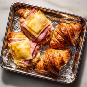 “An overhead view of a foil-lined sheet pan. Two croissant halves on the left are open-faced: each layered with thinly folded ham and a square of pale yellow cheese. To the right, two whole croissant tops sit untouched, their buttery sheen highlighted by warm kitchen light.”