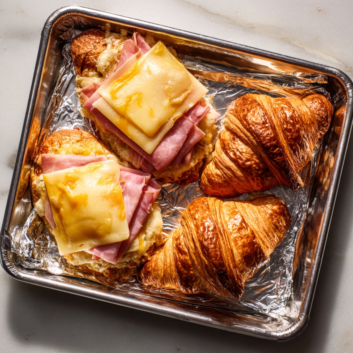 “An overhead view of a foil-lined sheet pan. Two croissant halves on the left are open-faced: each layered with thinly folded ham and a square of pale yellow cheese. To the right, two whole croissant tops sit untouched, their buttery sheen highlighted by warm kitchen light.”