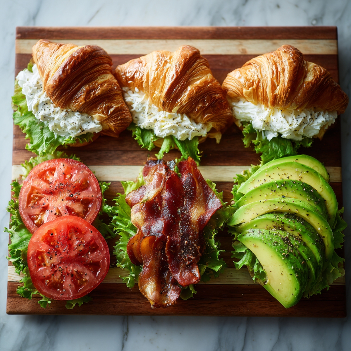 “A bird’s-eye shot of the same wooden board divided into two rows. The top row shows three croissant tops generously packed with whipped cream cheese and lettuce. The bottom row presents three matching croissant bottoms topped respectively with thick tomato slices, a stack of crispy bacon, and neatly fanned avocado slices, each on a bed of lettuce.”