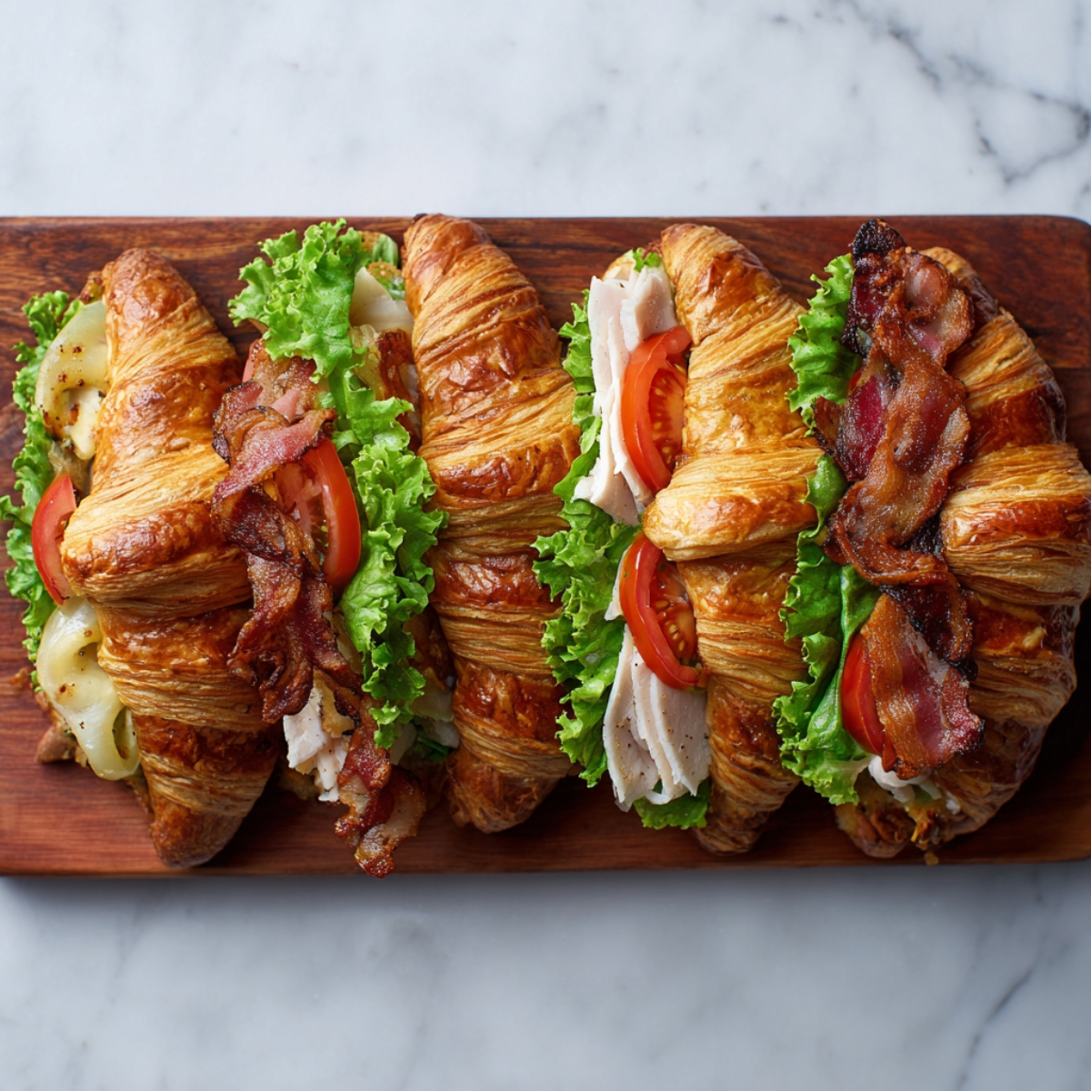 “A top-down view of a dark striped wooden board lined with five golden-brown croissant sandwiches. From left to right: the first is filled with melted cheese and sautéed onions; the next two hold turkey, lettuce, tomato and crispy bacon; the fourth has turkey and tomato; the fifth is bacon and lettuce. The flaky layers glisten under soft, natural light.