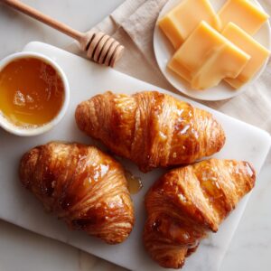 “A top-down composition on a white marble cutting board: three mini croissants arranged in a triangle, each brushed with a glossy honey-butter glaze. To the upper left, a small white bowl filled with honey-butter and a wooden dipper; to the upper right, a plate stacked with sliced cheddar cheese. Soft daylight accentuates the buttery drips on the pastry.