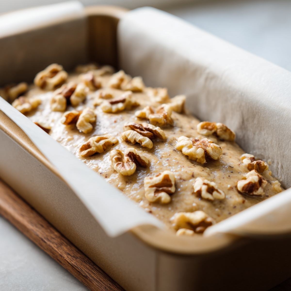 Unbaked date-and-walnut loaf batter in a parchment-lined Wilton pan studded with walnut halves, ready to go into the oven