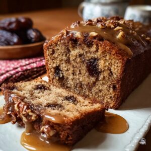 Close-up of a homemade date and walnut cake on a white plate: two thick slices reveal a moist, golden crumb studded with dark date pieces and walnut bits, topped with coarsely chopped nuts and drizzled with caramel-colored sauce, with a softly blurred bowl of dates and a red-and-white tea towel in the background.