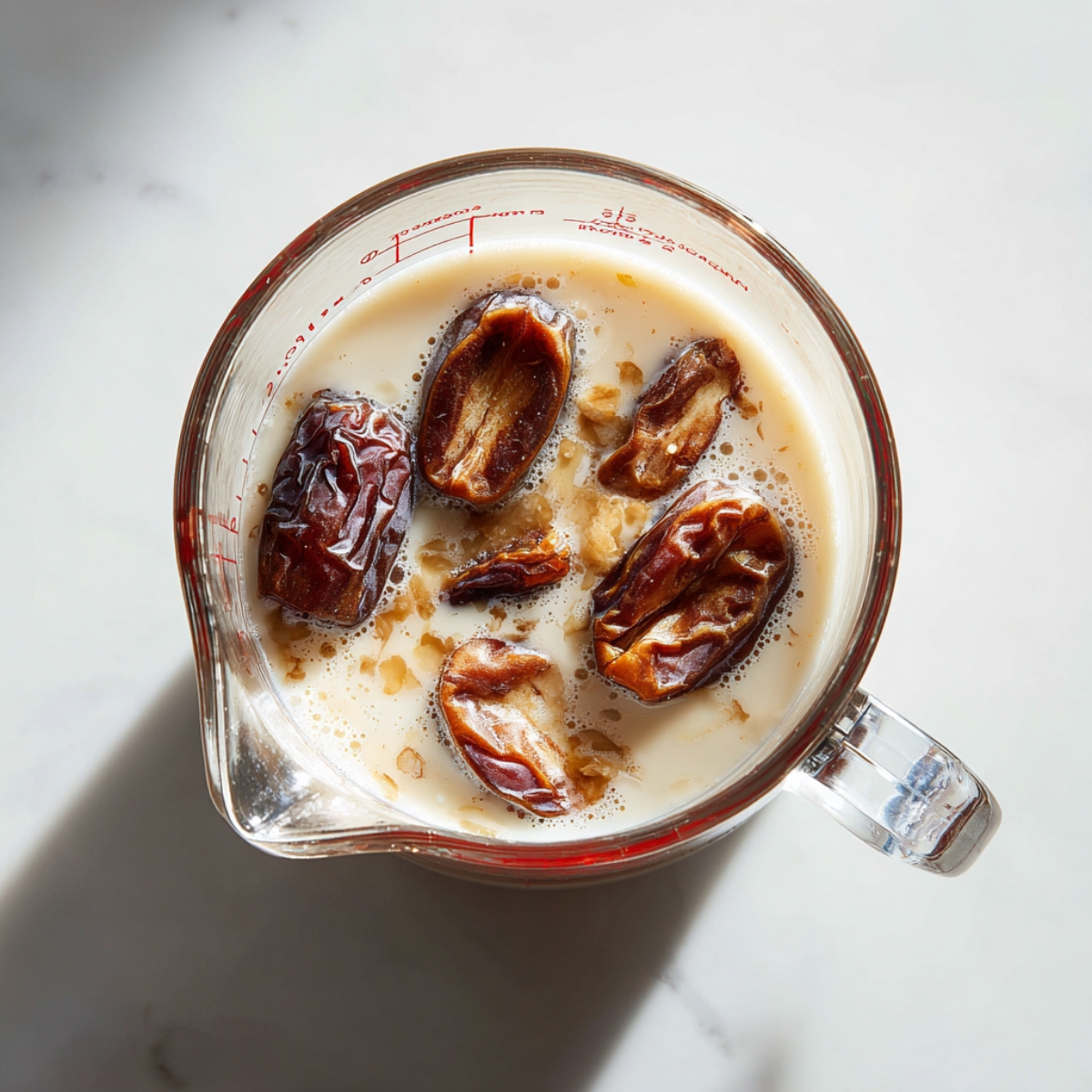 A clear Pyrex measuring cup on a white countertop, filled halfway with milk and several pitted dates soaking, shot from above
