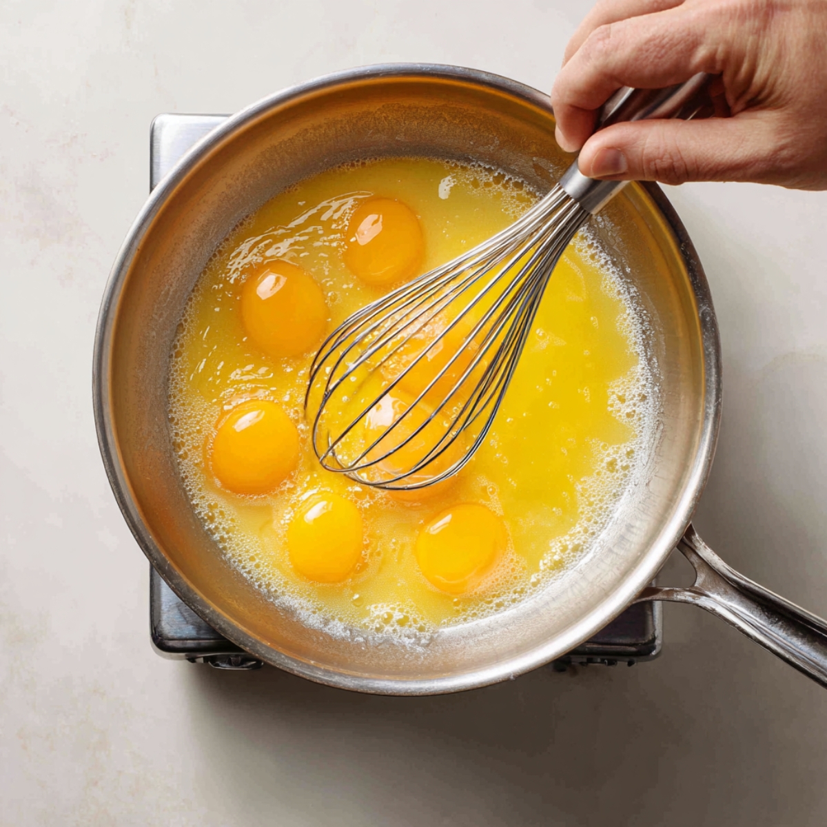 Hands holding a small bowl of beaten eggs over a simmering pot, using a whisk to stir as the egg is slowly drizzled in.