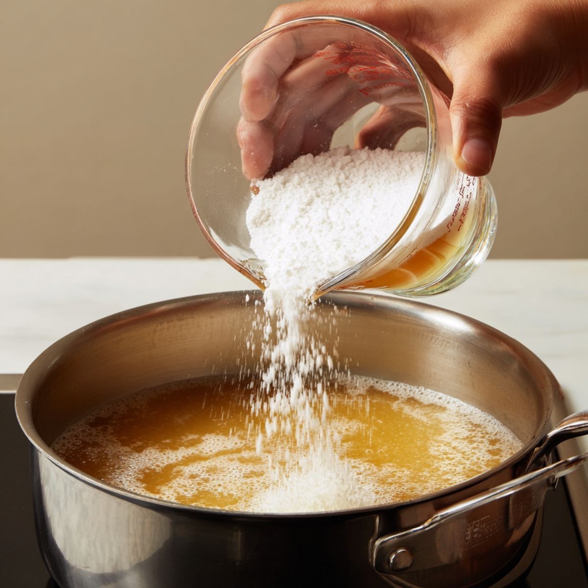Pouring a white cornstarch slurry from a glass measuring cup into gently bubbling broth in a stainless-steel saucepan.