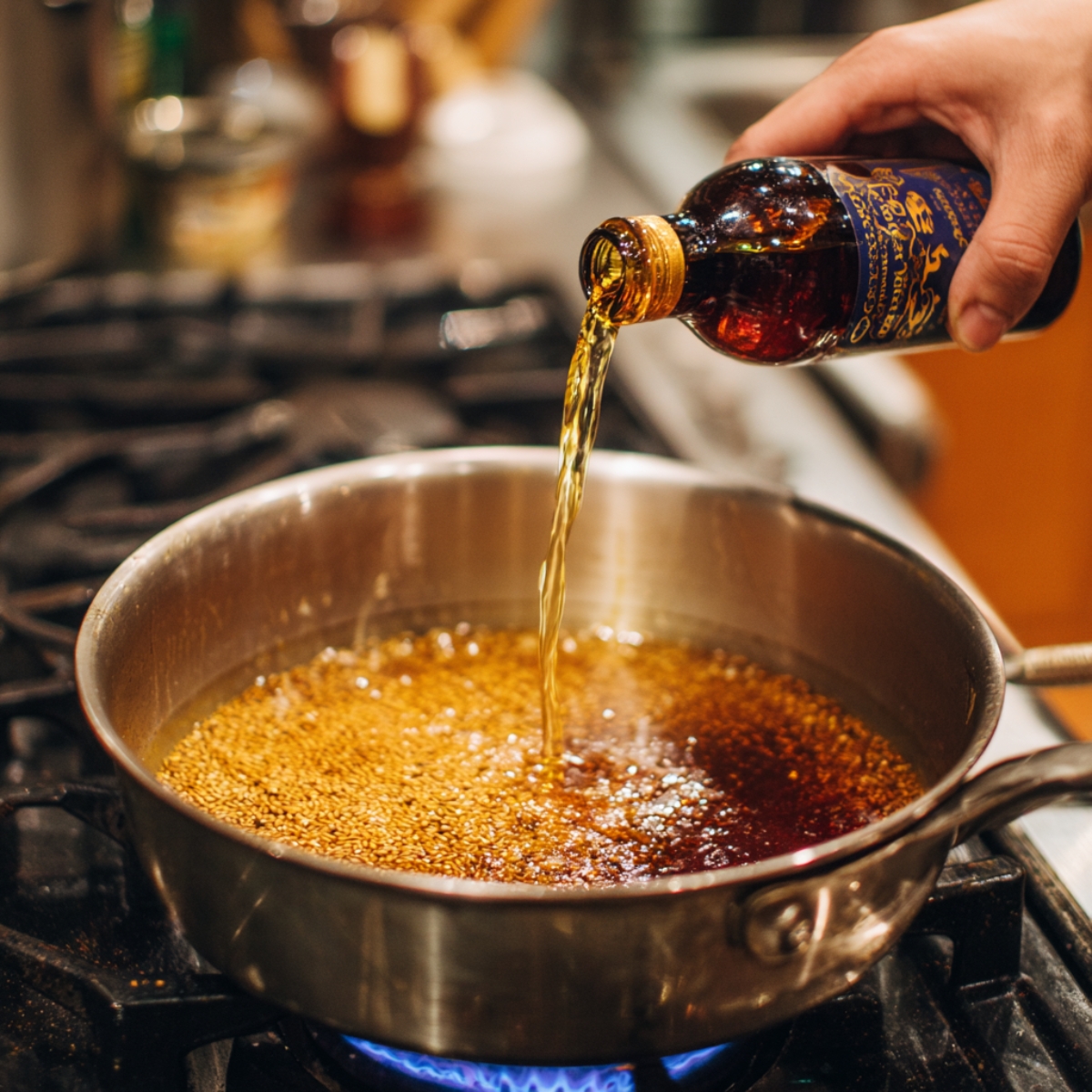 Drizzling a light amber seasoning (sesame oil or soy sauce) from a small bottle into the simmering soup in a pot on the stove.