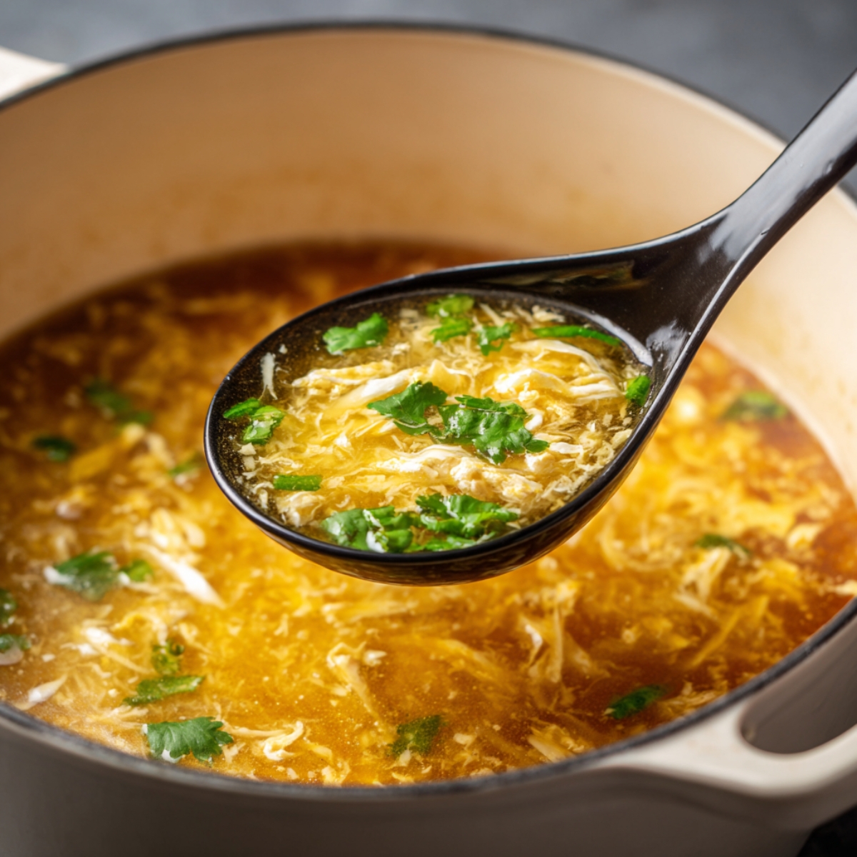 A black ladle lifting a spoonful of golden egg drop soup filled with delicate egg ribbons from a white pot.