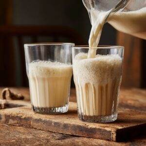 “A three-quarter view of two clear glass tumblers on a rustic wooden board: the taller right glass is being filled with thick, ivory-white milk foam streamed from a frothing jug, while the shorter left glass already holds a layer of foamy milk. Warm indoor light highlights the glossy texture of the foam and the wood grain beneath.”