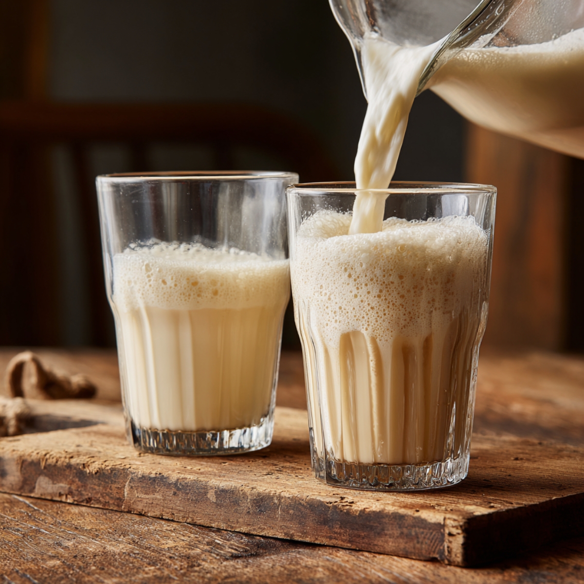 “A three-quarter view of two clear glass tumblers on a rustic wooden board: the taller right glass is being filled with thick, ivory-white milk foam streamed from a frothing jug, while the shorter left glass already holds a layer of foamy milk. Warm indoor light highlights the glossy texture of the foam and the wood grain beneath.”