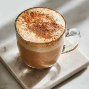 “A clear glass mug sits on a square white marble tile, filled with light-brown chai latte and topped by a thin layer of ivory-white milk foam evenly dusted with fine cinnamon specks. A soft shadow of the handle falls across the marble under diffused daylight.”
