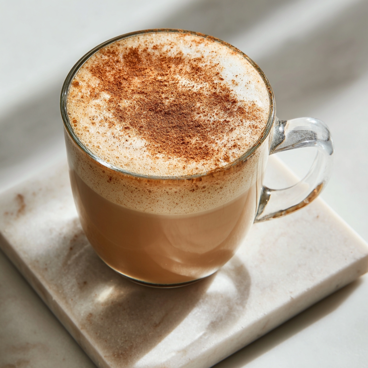 “A clear glass mug sits on a square white marble tile, filled with light-brown chai latte and topped by a thin layer of ivory-white milk foam evenly dusted with fine cinnamon specks. A soft shadow of the handle falls across the marble under diffused daylight.”