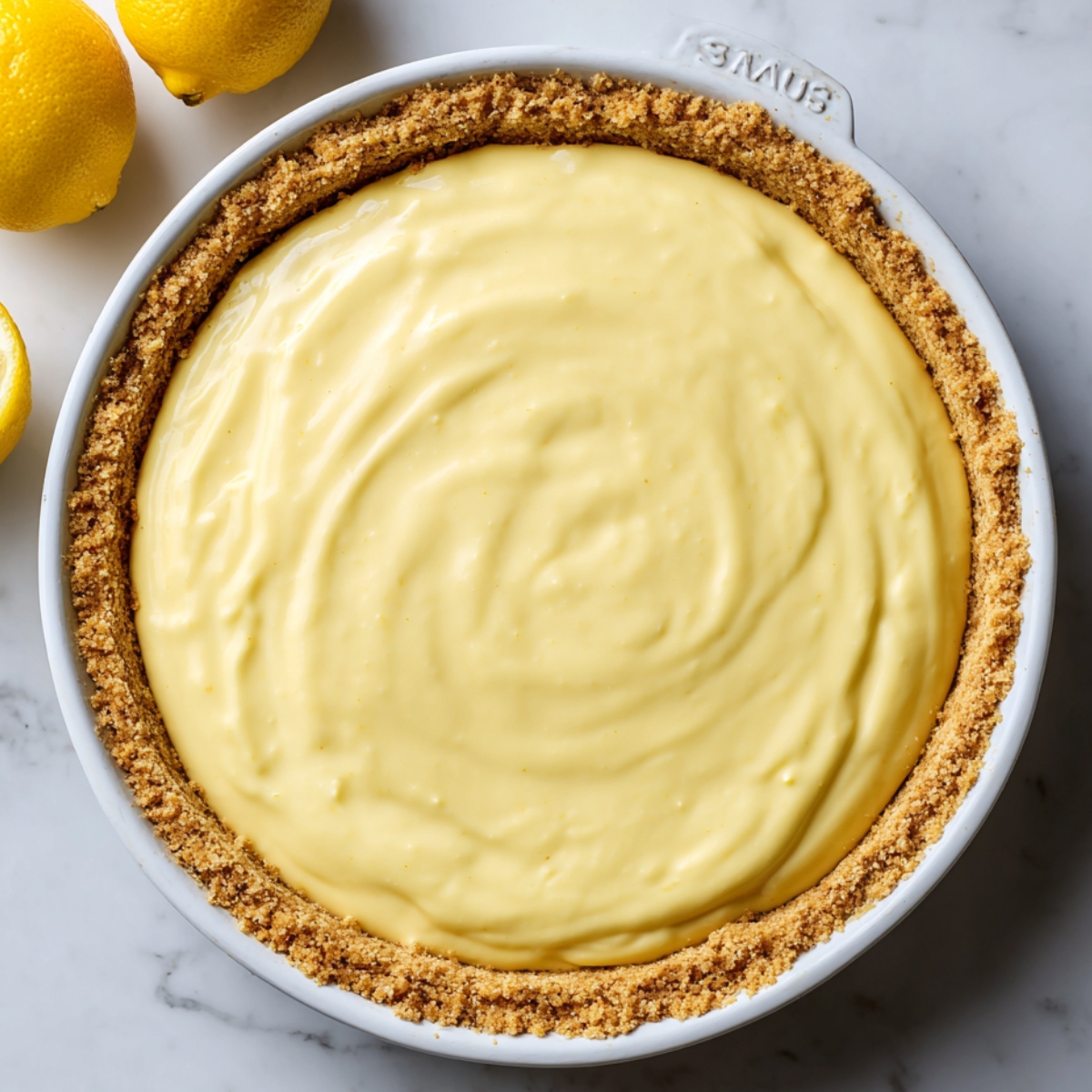 A homemade no-bake lemon pie just filled with creamy lemon mixture inside a golden graham cracker crust. The pie sits in a white ceramic dish on a marble countertop, surrounded by fresh lemons and a halved lemon showing the juicy interior.