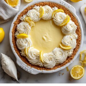 A beautifully decorated homemade no-bake lemon pie in a white ceramic dish. The creamy yellow filling is surrounded by piped swirls of whipped cream, each garnished with a lemon slice. Fresh lemons, lemon zest curls, and a piping bag lie nearby on a marble surface for a warm, kitchen-fresh vibe.