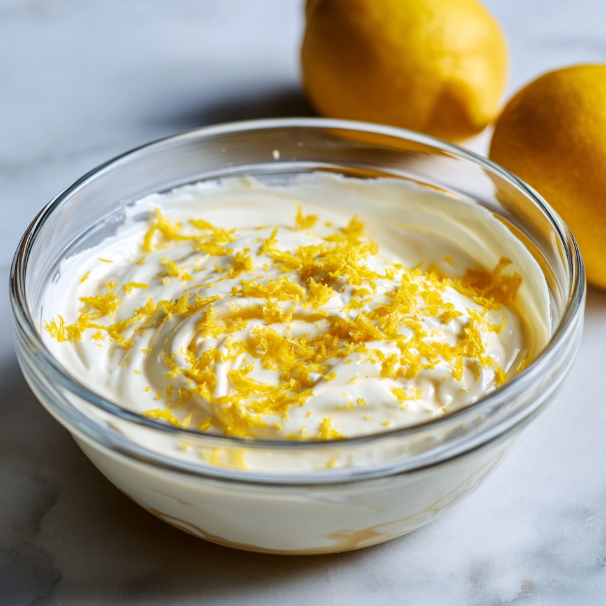 A glass bowl filled with creamy lemon pie filling, topped with fresh lemon zest. The filling is smooth, thick, and slightly swirled, giving it a rich, homemade look. Two fresh lemons rest behind the bowl on a marble countertop.