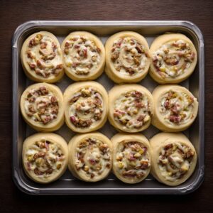 A long, even rectangle of pale crescent-roll dough laid out on a marble countertop, seams pressed together.