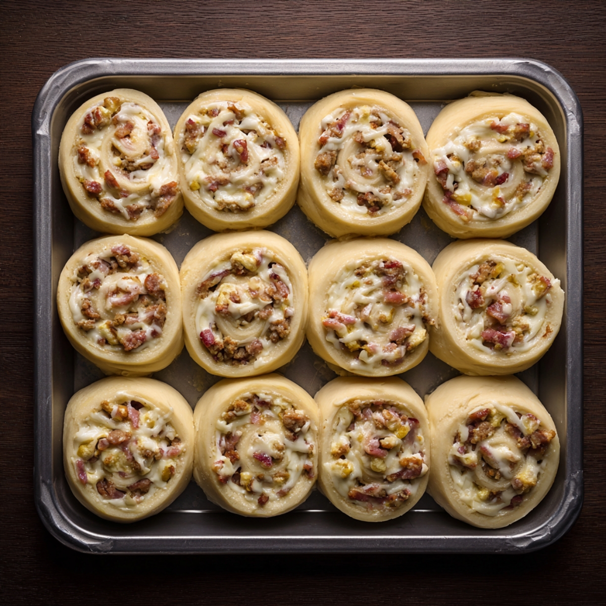 A long, even rectangle of pale crescent-roll dough laid out on a marble countertop, seams pressed together.