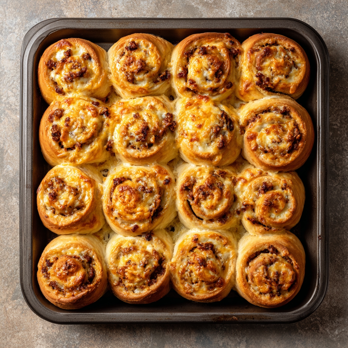 A nonstick skillet piled with golden-brown, crumbled breakfast sausage, ready to be stirred into cream cheese