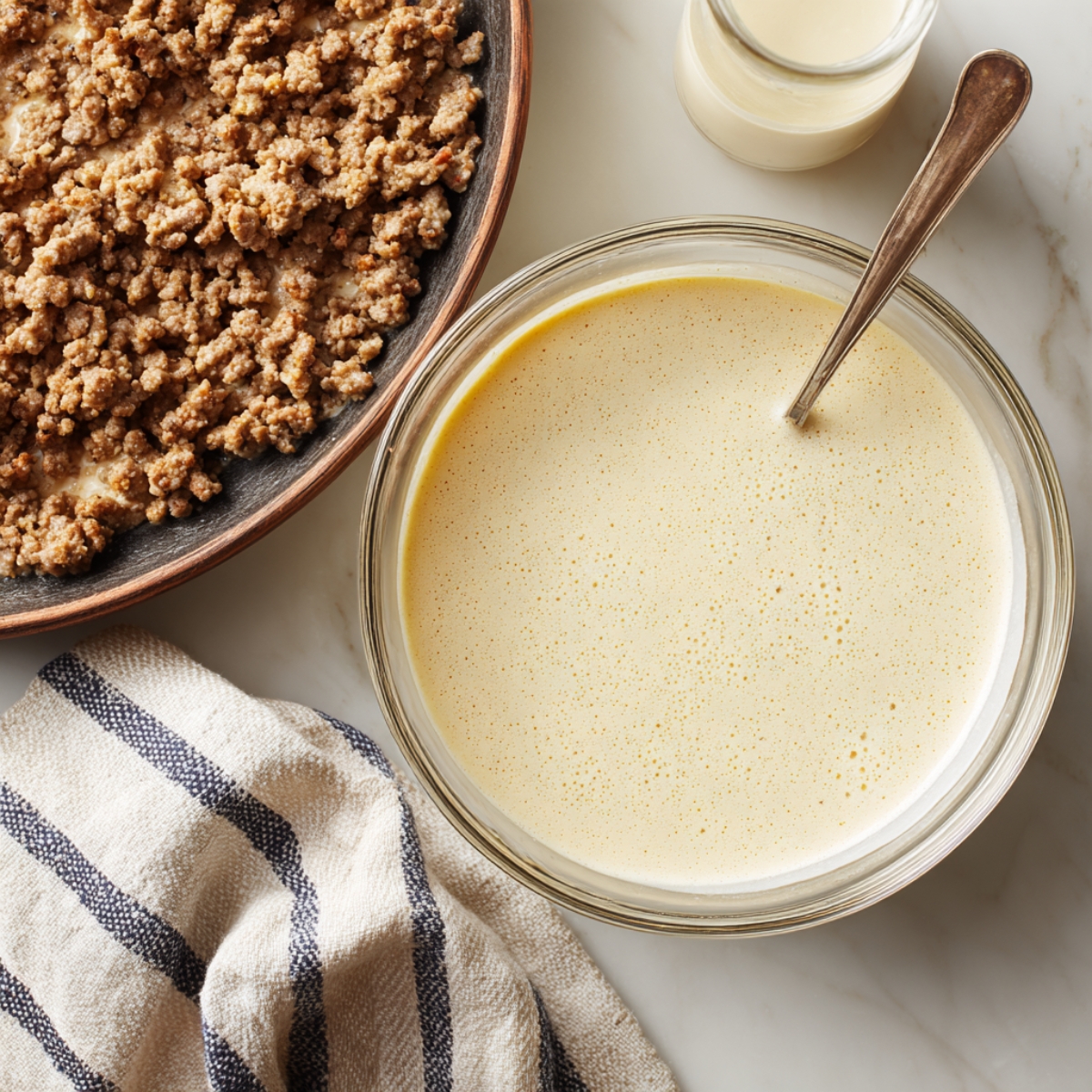 Clear mixing bowl half-filled with pale pancake batter and scattered round sausage chunks, wooden spoon at edge, blurred pancake mix box in the background, captured in warm kitchen light.”