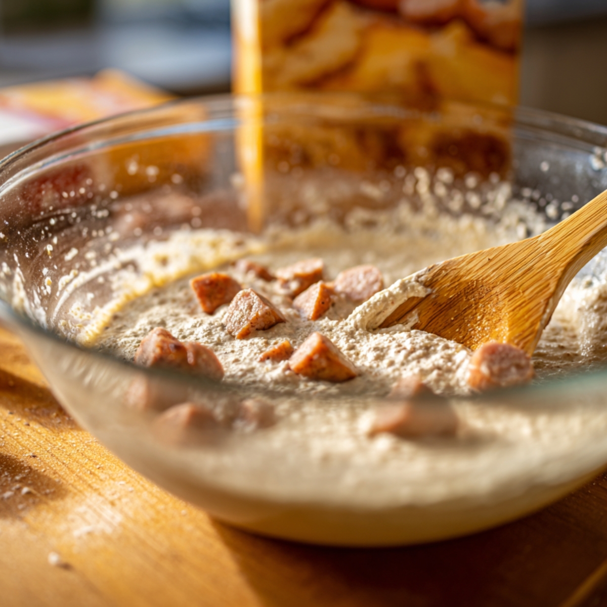 Two prep bowls side by side on a kitchen counter—one glass bowl of smooth yellow pancake batter with a spoon, the other a cast-iron skillet filled with steaming cooked sausage.