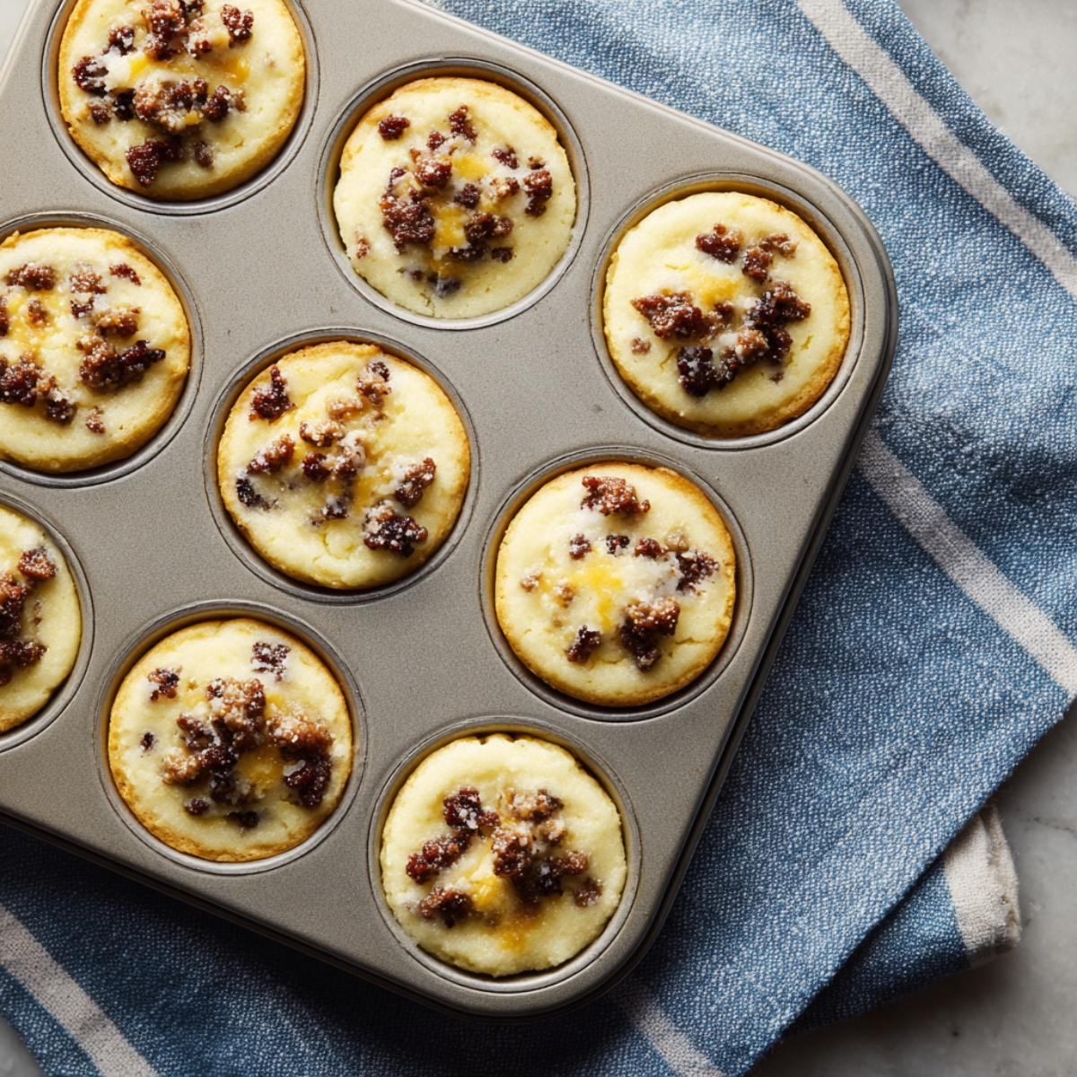 A nonstick 12-cup muffin tin filled with uncooked pancake batter mixed with crumbled breakfast sausage and shredded cheese, each cavity heaped nearly to the top, set on a striped kitchen towel.