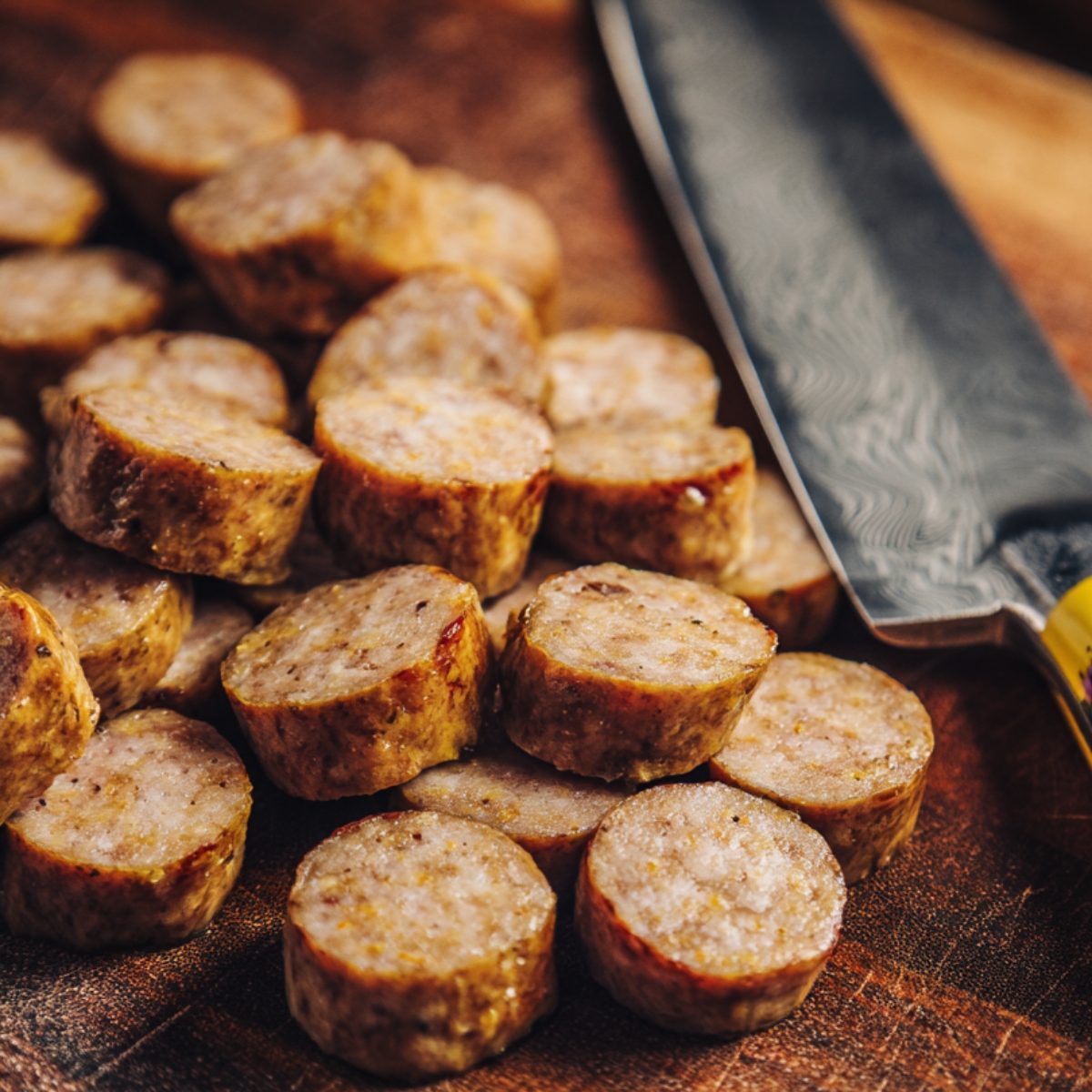 A wooden cutting board scattered with small, round slices of golden-brown cooked sausage next to a yellow-handled knife with a patterned blade.