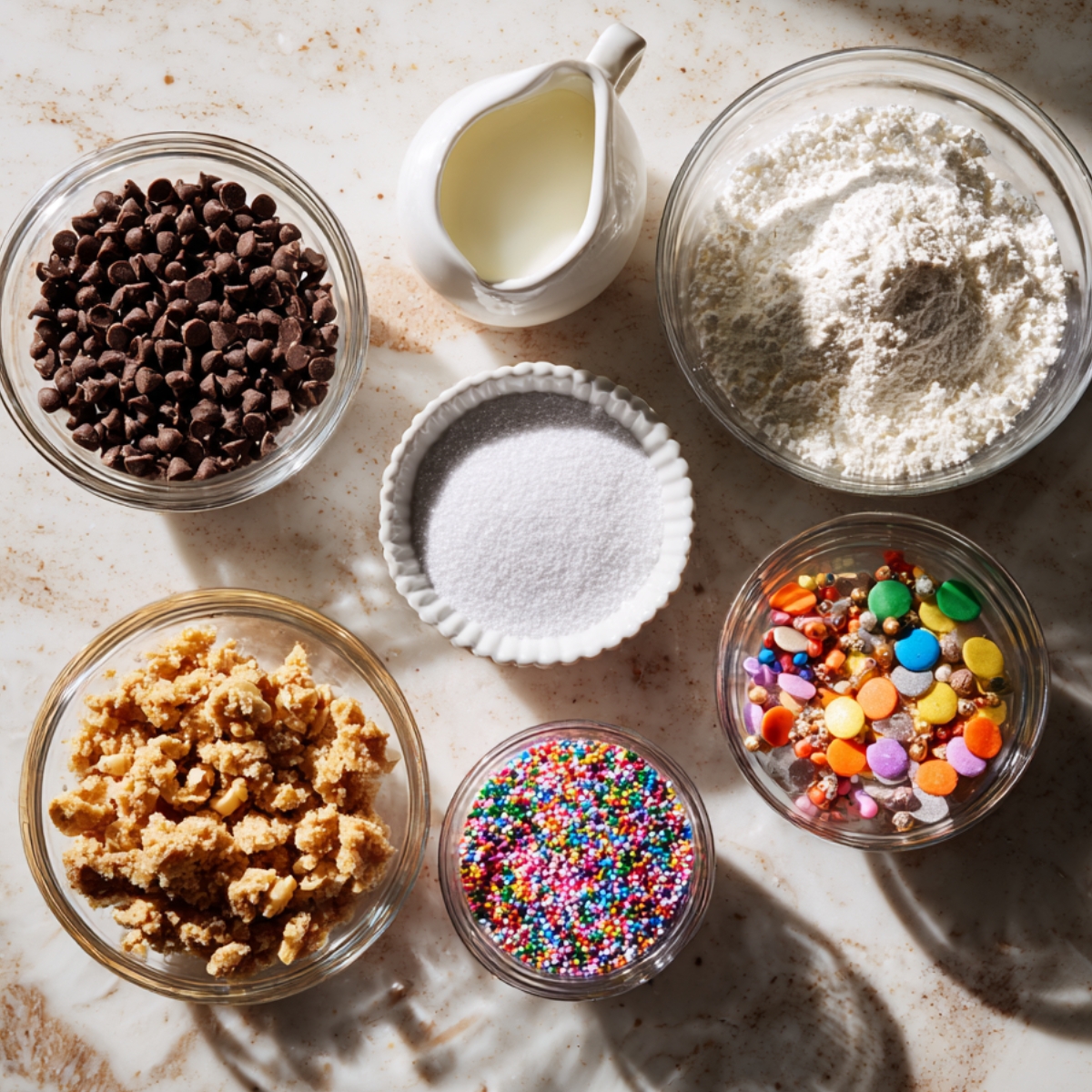 “A bright, top-down shot of ‘the good stuff’ ingredients for edible cookie dough on a light marble countertop: a glass bowl brimming with mini chocolate chips; a small white pitcher of cream; a clear bowl of powdered sugar; a dish of crushed cookies; a jar of rainbow sprinkles; and a bowl of colorful candy pieces, all lit by soft natural light casting gentle shadows.”