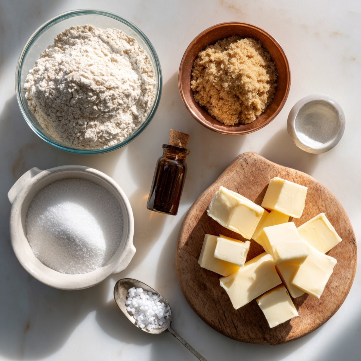 A bright, overhead shot of all the base ingredients for edible cookie dough on a pale marble surface: a large glass bowl piled with all-purpose flour; a copper bowl of brown sugar; a white ramekin of granulated sugar; an antique silver spoon holding flaky sea salt; a small amber vial of vanilla extract; and a wooden board topped with chunky cubes of cold butter, all highlighted by warm morning light.