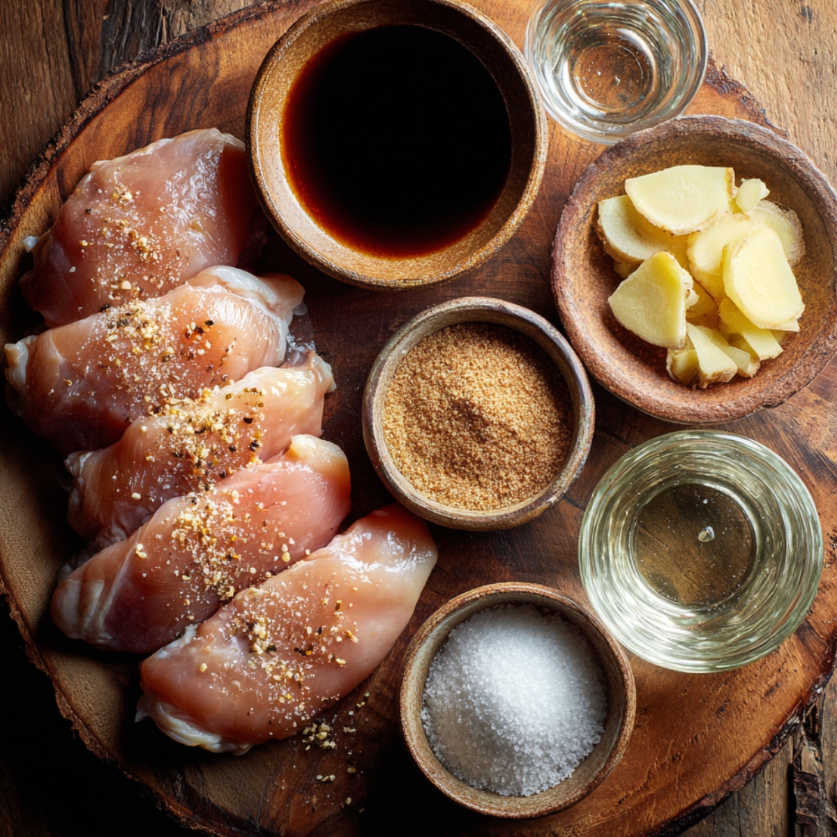 A round wooden cutting board displaying five boneless chicken thighs lightly dusted with salt and pepper, surrounded by small rustic bowls and glasses: dark soy sauce, golden brown sugar, thinly sliced fresh ginger, coarse white salt, and two clear glasses of water or rice vinegar, all on a warm wood tabletop.