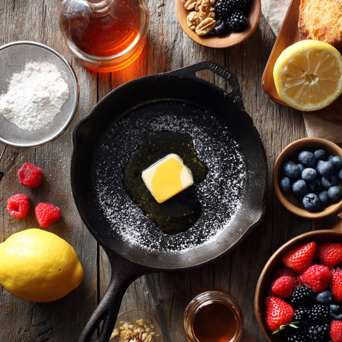 Overhead view of a well-used cast-iron skillet on a weathered wooden table, with a pat of melting butter in its center surrounded by a light dusting of powdered sugar. Around the pan are a fine mesh strainer of flour, a glass jug of maple syrup, a halved lemon, fresh raspberries, blueberries in a small wooden bowl, a bowl of walnuts and blackberries, and a small jar of chopped nuts—all lit by warm natural light.