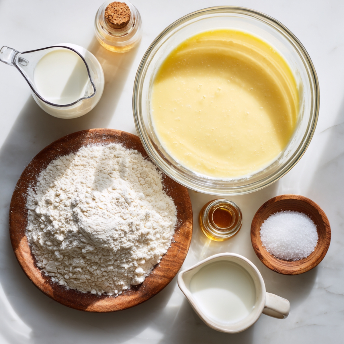 Top-down shot on a bright white marble countertop showing German pancake batter ingredients: a large clear glass bowl of smooth yellow batter; a wooden plate heaped with all-purpose flour; a small off-white pitcher of milk; a tiny wooden bowl of granulated sugar; a slender glass bottle of vanilla extract; and a second small glass jug of milk, with soft sunlight casting gentle shadows.