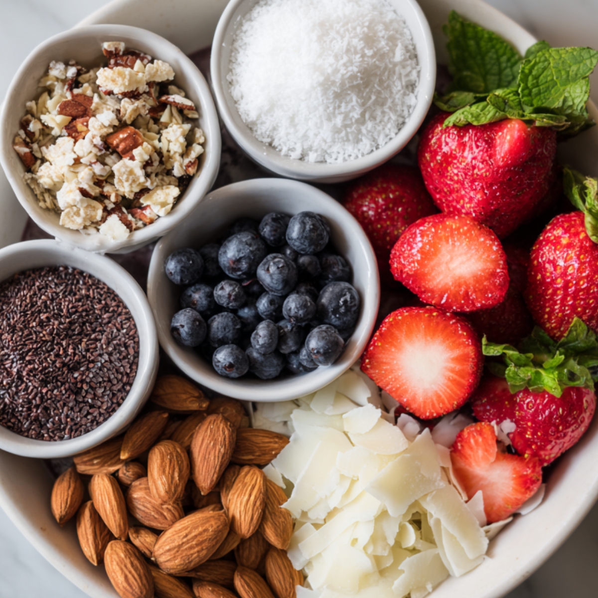 An assortment of acai bowl toppings, including chopped nuts, shredded coconut, strawberries, blueberries, and other fresh fruits arranged in small bowls.