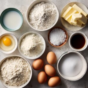 Top-down view of brownie fixings: a plate of unsalted butter, a bowl of chopped dark chocolate, a dish of cocoa powder, a bowl of flour, ramekins of granulated sugar and dulce de leche, a small bowl of vanilla extract, a ramekin of peanut butter, a cracked egg, and bowls of peanut and chocolate chips.