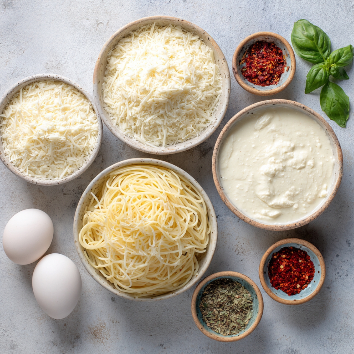 Ingredients for the cheese layer of baked spaghetti including mozzarella, ricotta, Parmesan, eggs, red pepper flakes, and basil arranged in ceramic bowls.