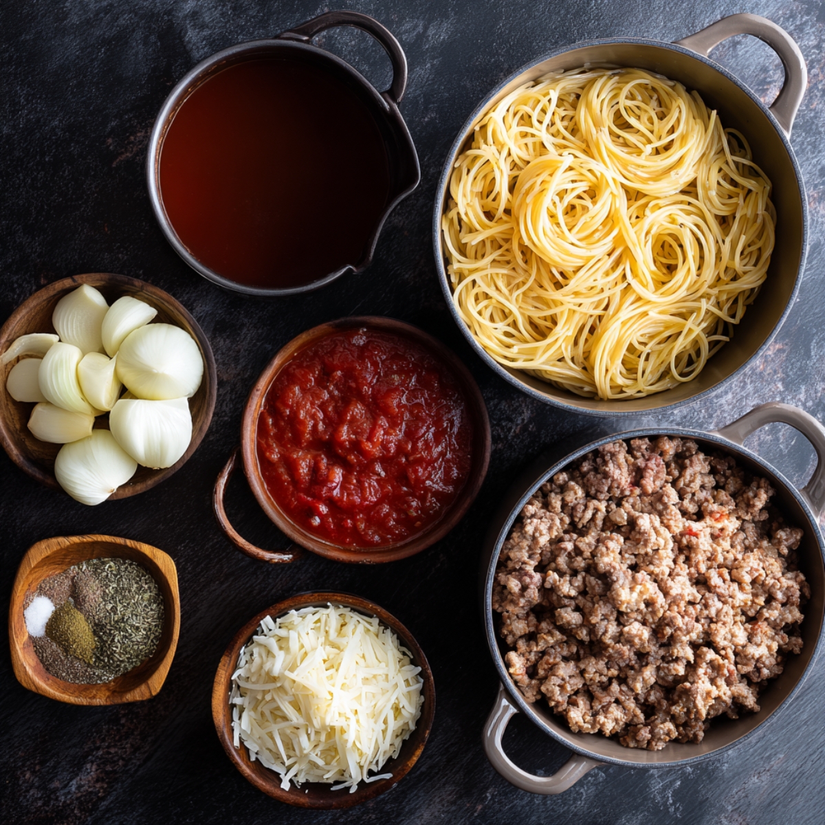 Ingredients for the base of baked spaghetti including cooked spaghetti, marinara sauce, ground beef, chopped onions, and shredded cheese in bowls