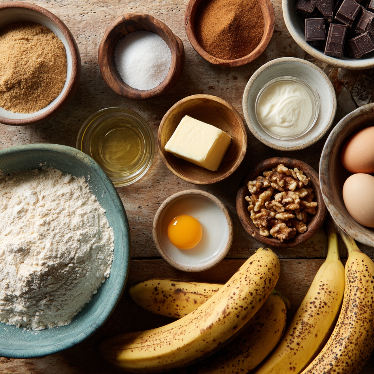 Overhead view of rustic banana bread ingredients arranged on a wooden surface. Includes ripe bananas, flour, brown and white sugar, butter, egg yolk in a small bowl, sour cream, cinnamon, walnuts, vanilla, oil, and dark chocolate pieces.