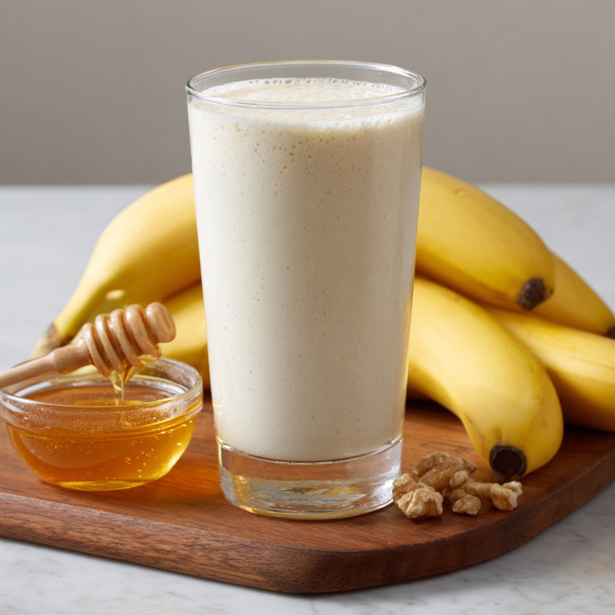 A creamy banana smoothie in a clear glass placed on a wooden board, surrounded by ripe bananas, a small bowl of honey with a dipper, and a few walnuts for garnish.