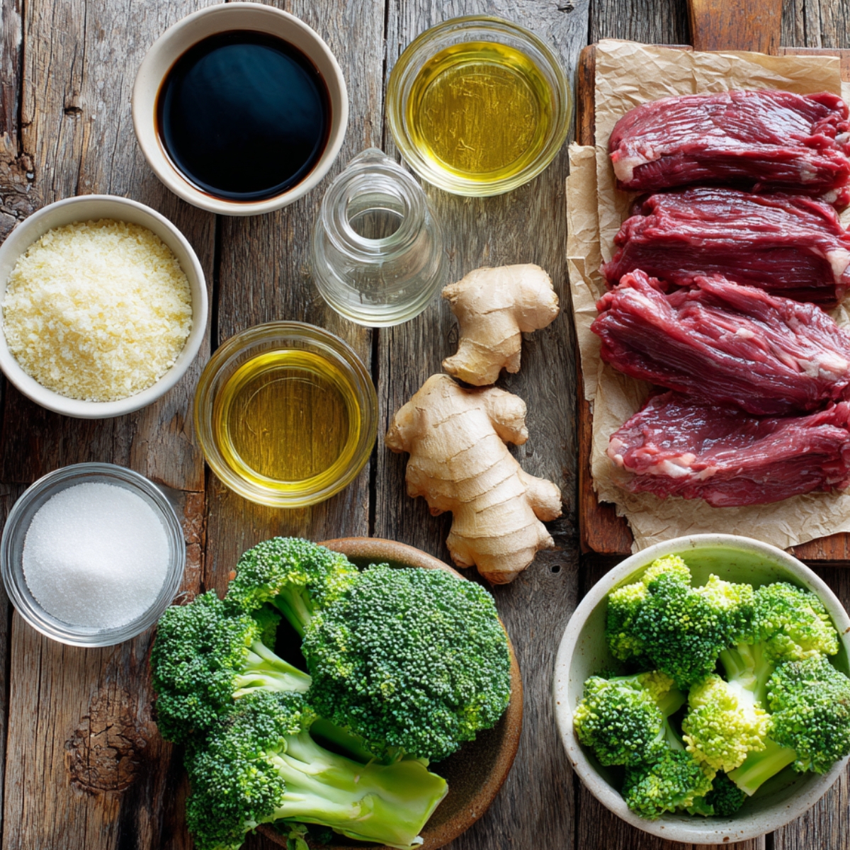 Overhead flat lay: sliced flank steak, broccoli, soy sauce, oils, ginger, garlic, cornstarch on a rustic wooden table