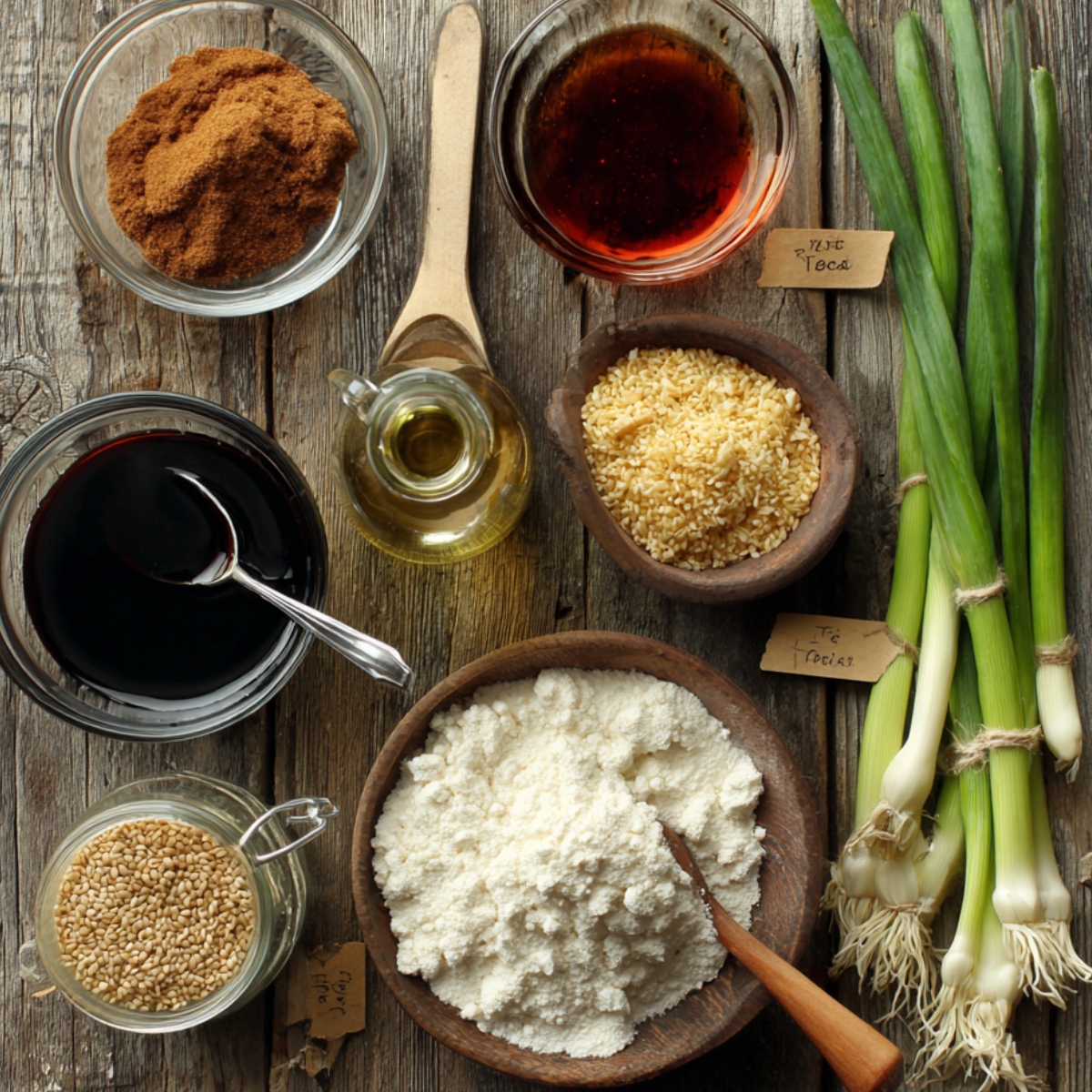 Low-sodium soy, oyster sauce, rice vinegar, brown sugar, cornstarch, sesame seeds, cooking oil, and green onions on wood
