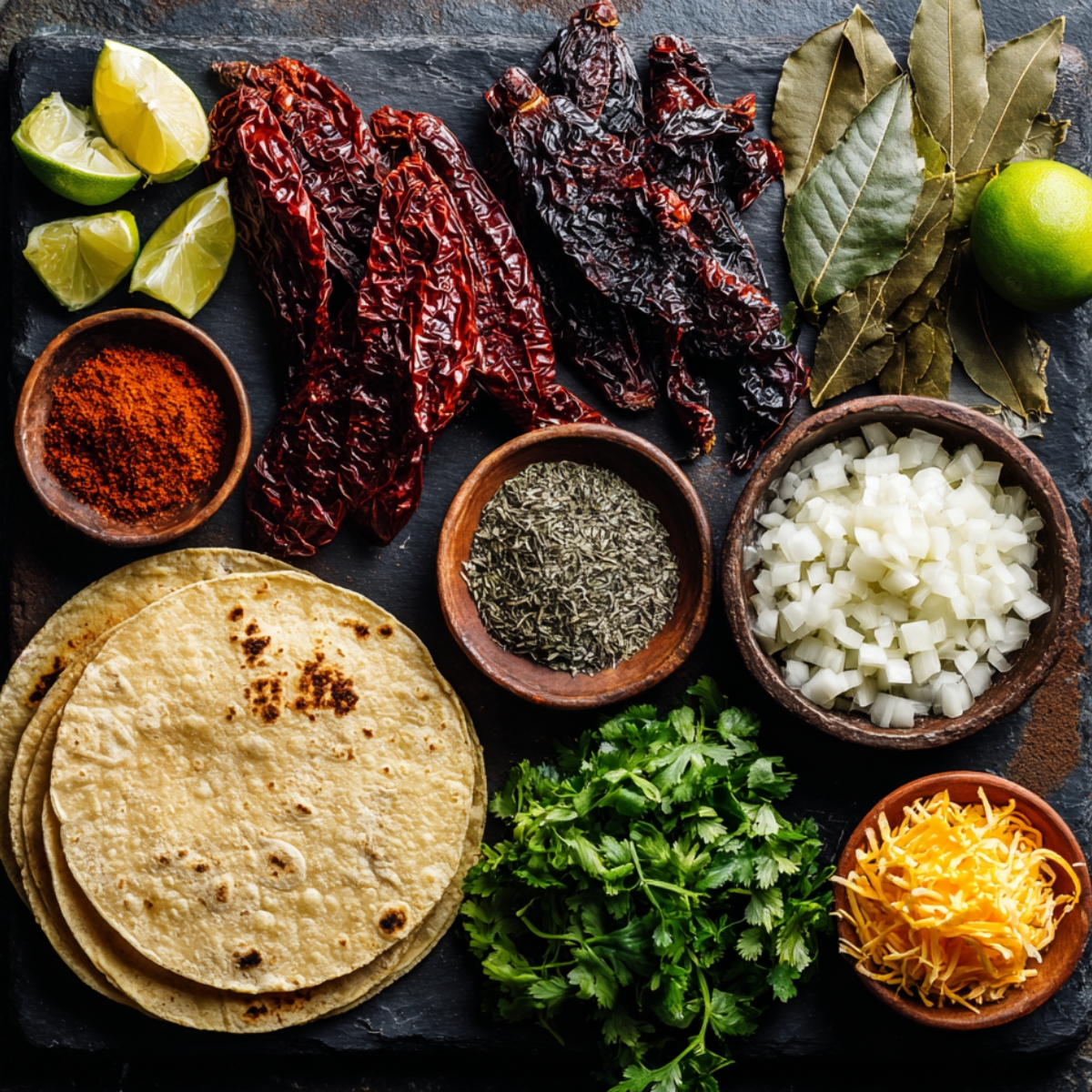 Overhead view of birria taco ingredients on a slate surface: dried guajillo and ancho chiles, bay leaves, lime wedges, corn tortillas, chopped white onion, shredded cheese, Mexican oregano, and fresh cilantro.