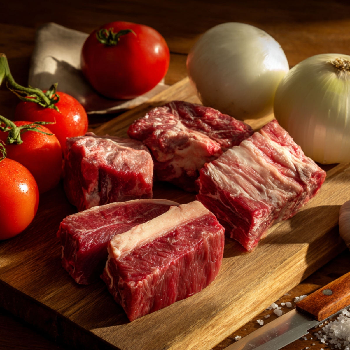 Raw beef short ribs and chuck roast on a wooden board, surrounded by fresh Roma tomatoes, white onions, garlic cloves, and coarse salt under warm natural light.