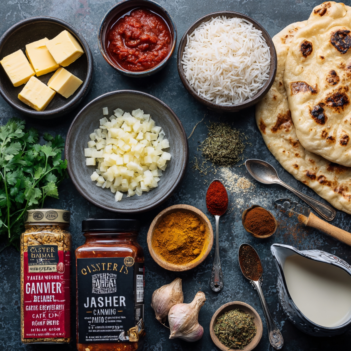 Overhead shot of a dark slate countertop arranged with small bowls and spoons: one holds golden butter cubes, another red crushed tomatoes, another white basmati rice, and two naan breads at the top right. Around them sit chopped yellow onion, fresh cilantro sprigs, a pile of dried fenugreek leaves, and spoons with ground cumin, paprika, and garam masala. A small jug of cream and a wooden scoop of tomato paste complete the scene.
