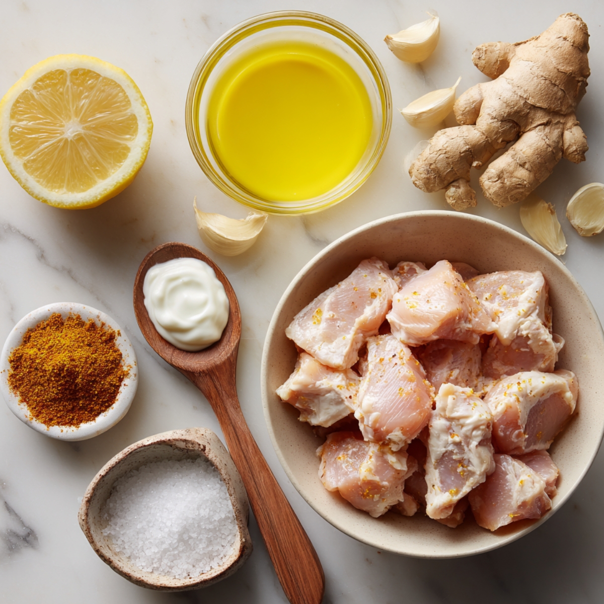 Bright marble surface flat‑lay showing a shallow bowl of yogurt‑lemon marinade next to garlic cloves, a knob of fresh ginger, a halved lemon, a small dish of garam masala, a pinch bowl of sea salt, and a bowl of cubed, raw boneless chicken pieces lightly dusted with spice.