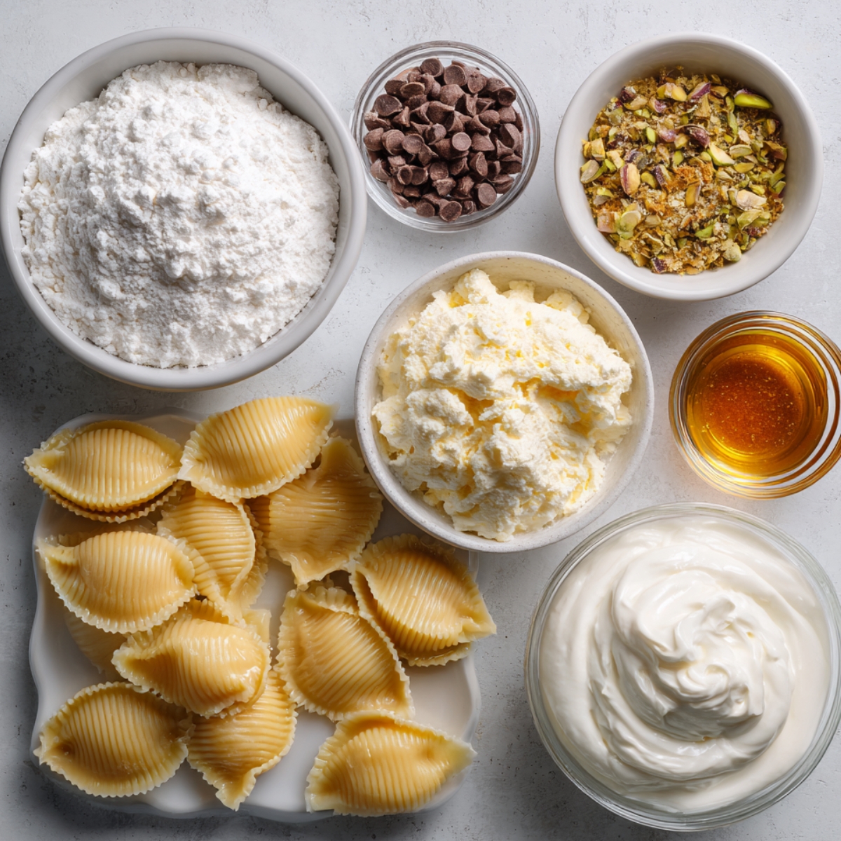 Ingredients for cannoli filling and shells including powdered sugar, ricotta cheese, mascarpone, chocolate chips, crushed pistachios, honey, and uncooked pasta shells.