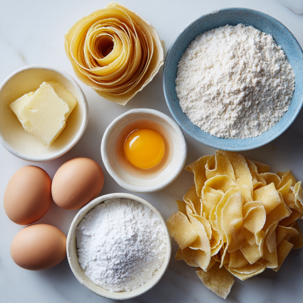 Pasta dough and ingredients like eggs, flour, and butter arranged neatly for homemade shell preparation on a marble surface.