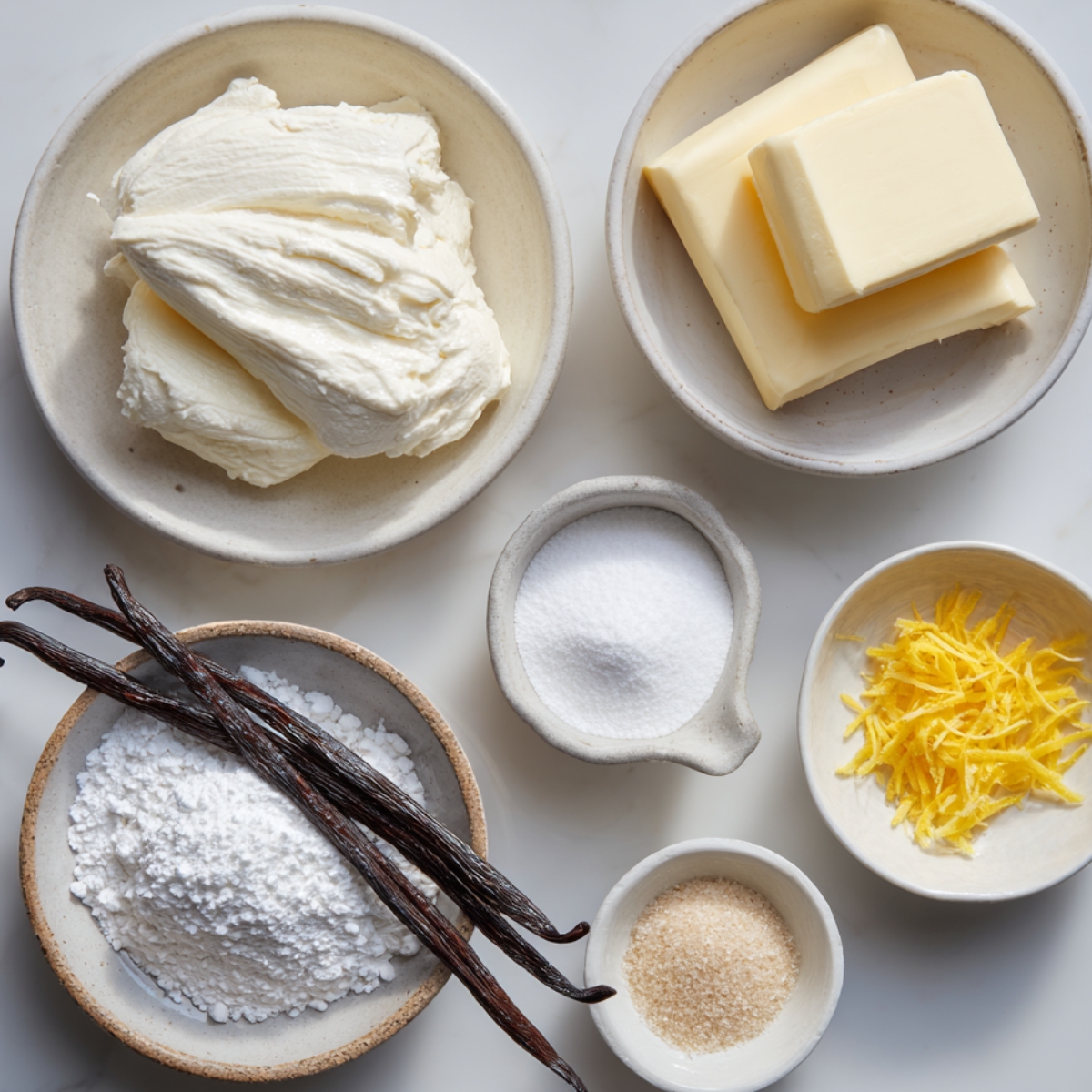 Overhead view of a bowl of cream cheese surrounded by butter sticks, granulated sugar, powdered sugar, vanilla beans, lemon zest, and a small dish of salt on a marble surface.