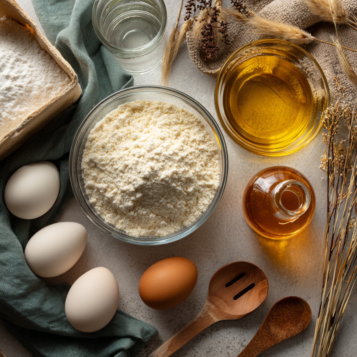Top‑down photo of baking ingredients: a glass bowl of flour at center, eggs on a green napkin, a bowl of oil, a small bottle of vanilla extract, and a tray of more flour, all arranged on a stone countertop.