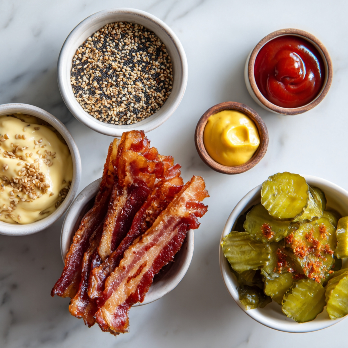 Overhead flat lay on a white marble countertop showing six small bowls of burger fixings: at center-top, a pale ceramic bowl brimming with “everything” bagel seasoning (sesame, poppy, garlic flakes); to its left, a similar bowl of creamy mayonnaise topped with sesame seeds; below that, a bowl piled high with crispy, reddish-brown bacon strips; to the right of the seasoning bowl, a tiny wooden bowl of smooth yellow mustard and above it a matching bowl of glossy red ketchup; at bottom right, a white ceramic bowl filled with bright green pickle slices lightly seasoned with red pepper flakes. Soft natural light casts gentle shadows, lending a warm, homemade feel.